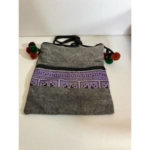 Gray Boho Crossbody with Pom Poms